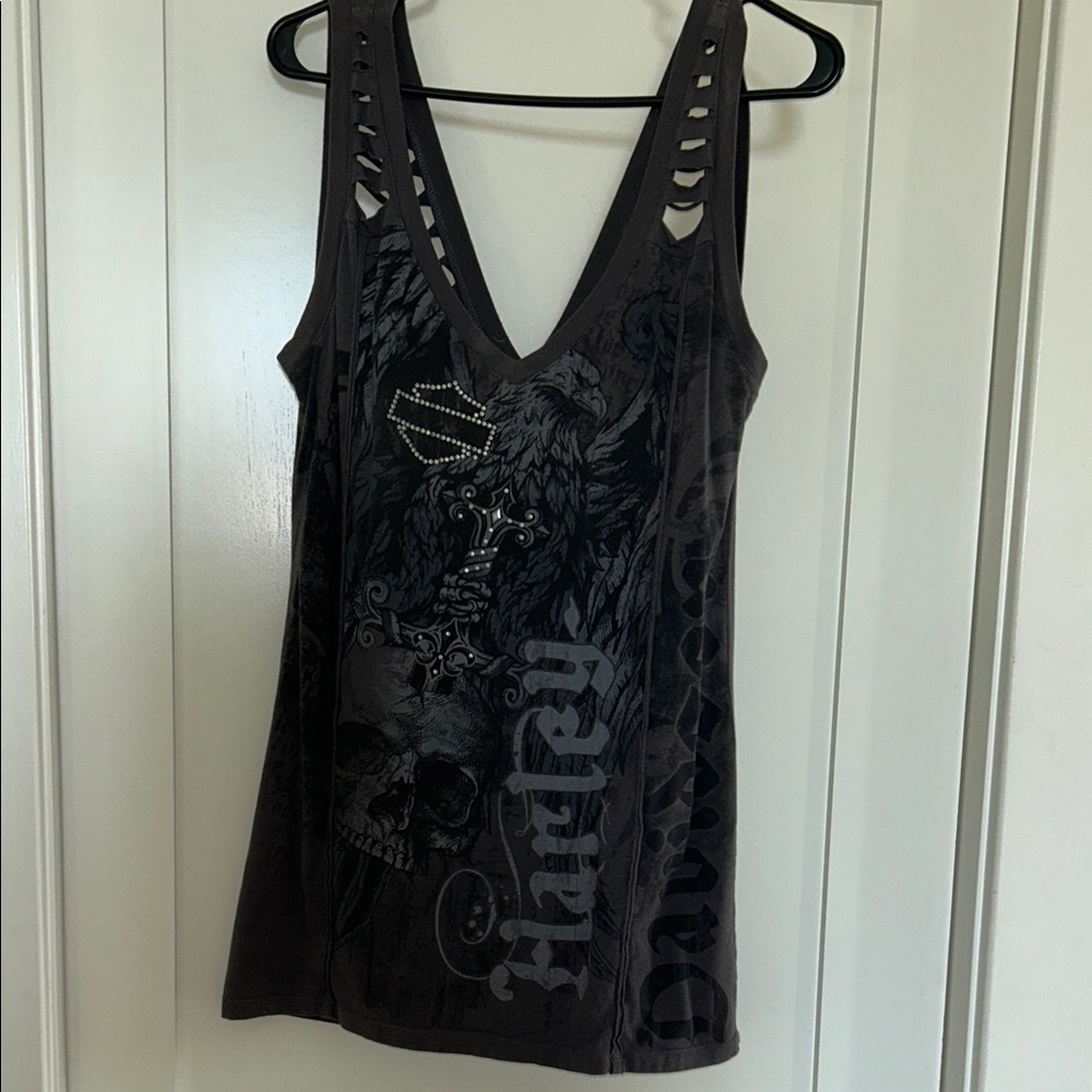 Harley-Davidson Black Graphic V-Neck Tank with Cutout Straps